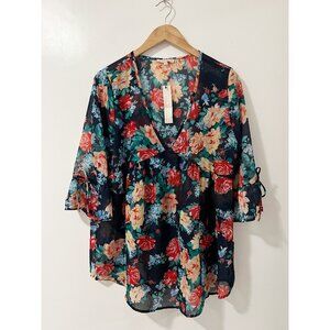 Claudia Richard Navy Floral Lightweight Sheer Oversized Blouse Size Medium